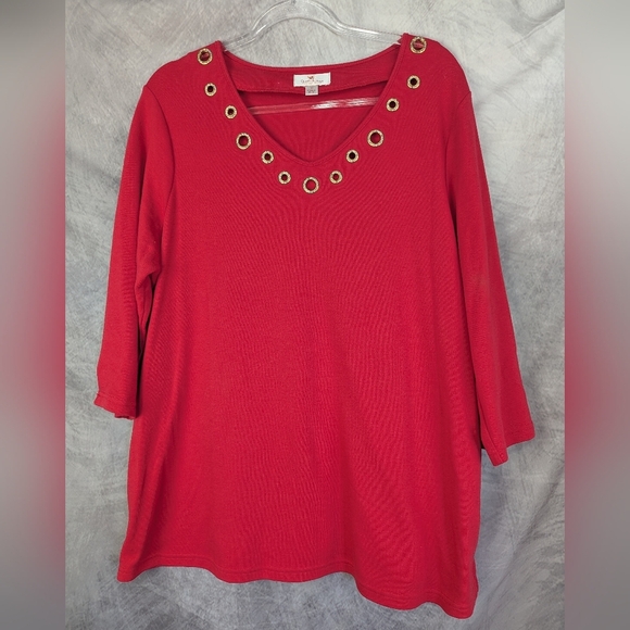 Quacker Factory 1X Rhinestone Studded Grommets Red Blouse - Picture 1 of 11